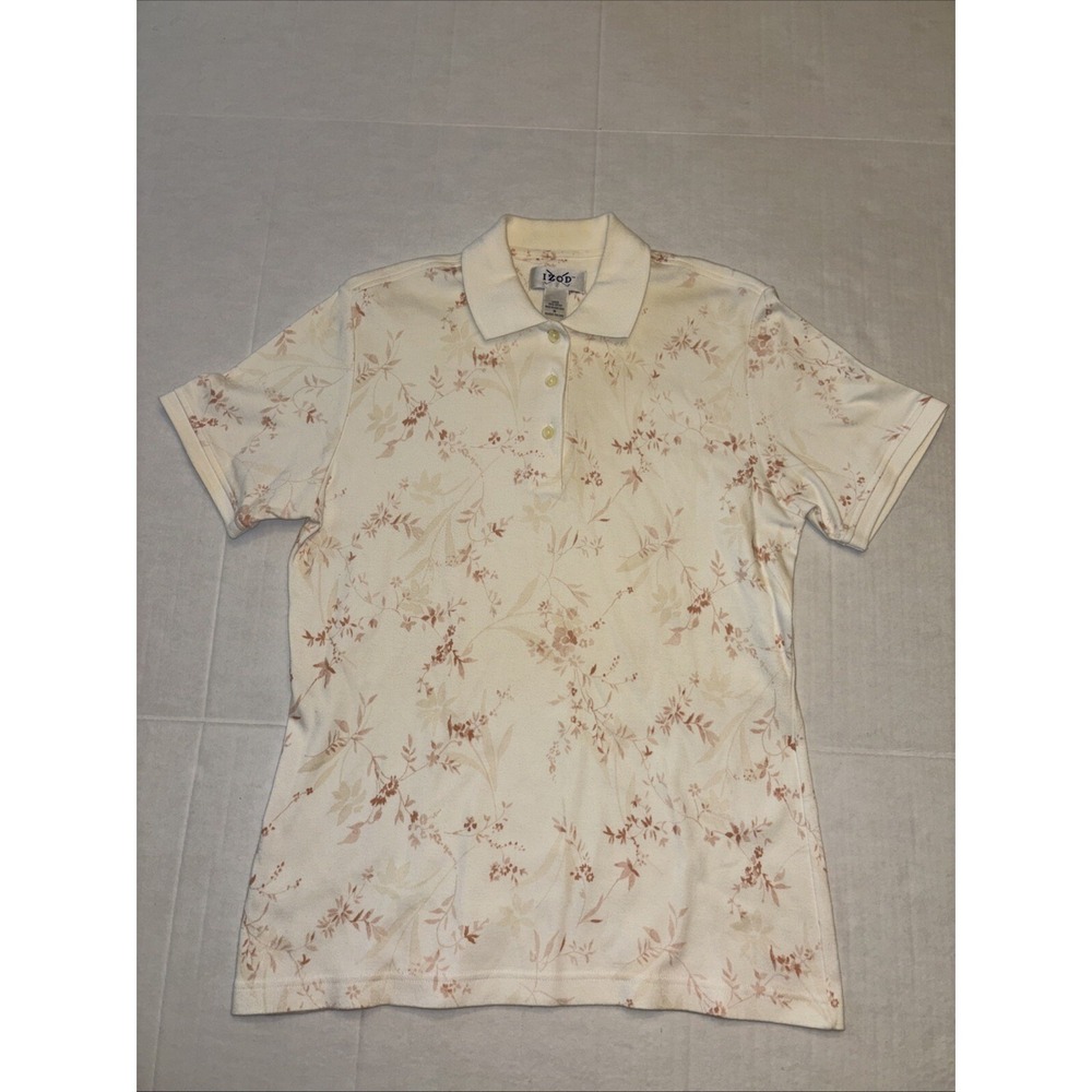 Vintage Izod Club Short Sleeve Polo Shirt Women's Size Medium Cream Pink Floral